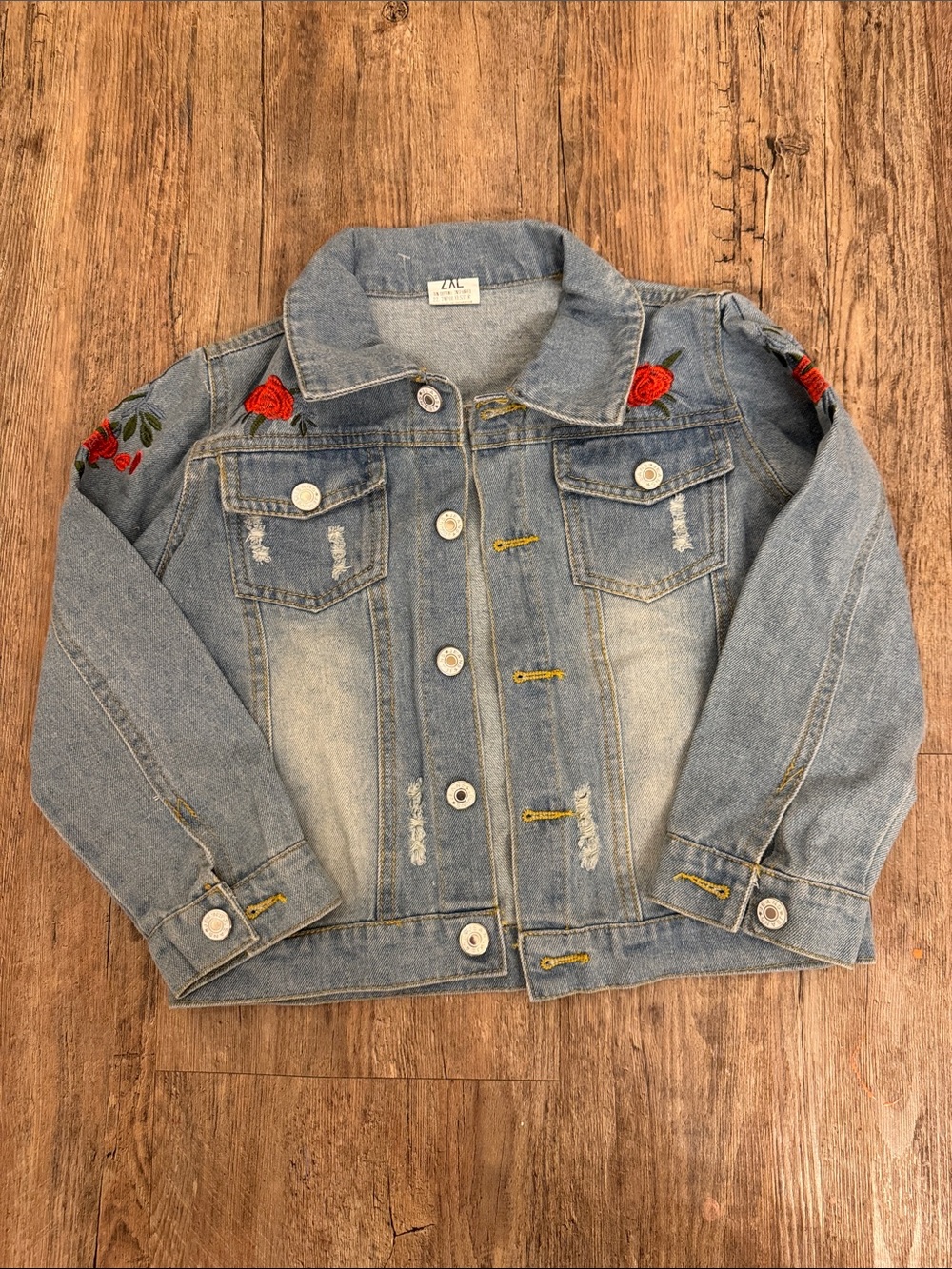 Light Blue Girls' Denim Jacket with Red Rose Embroidery